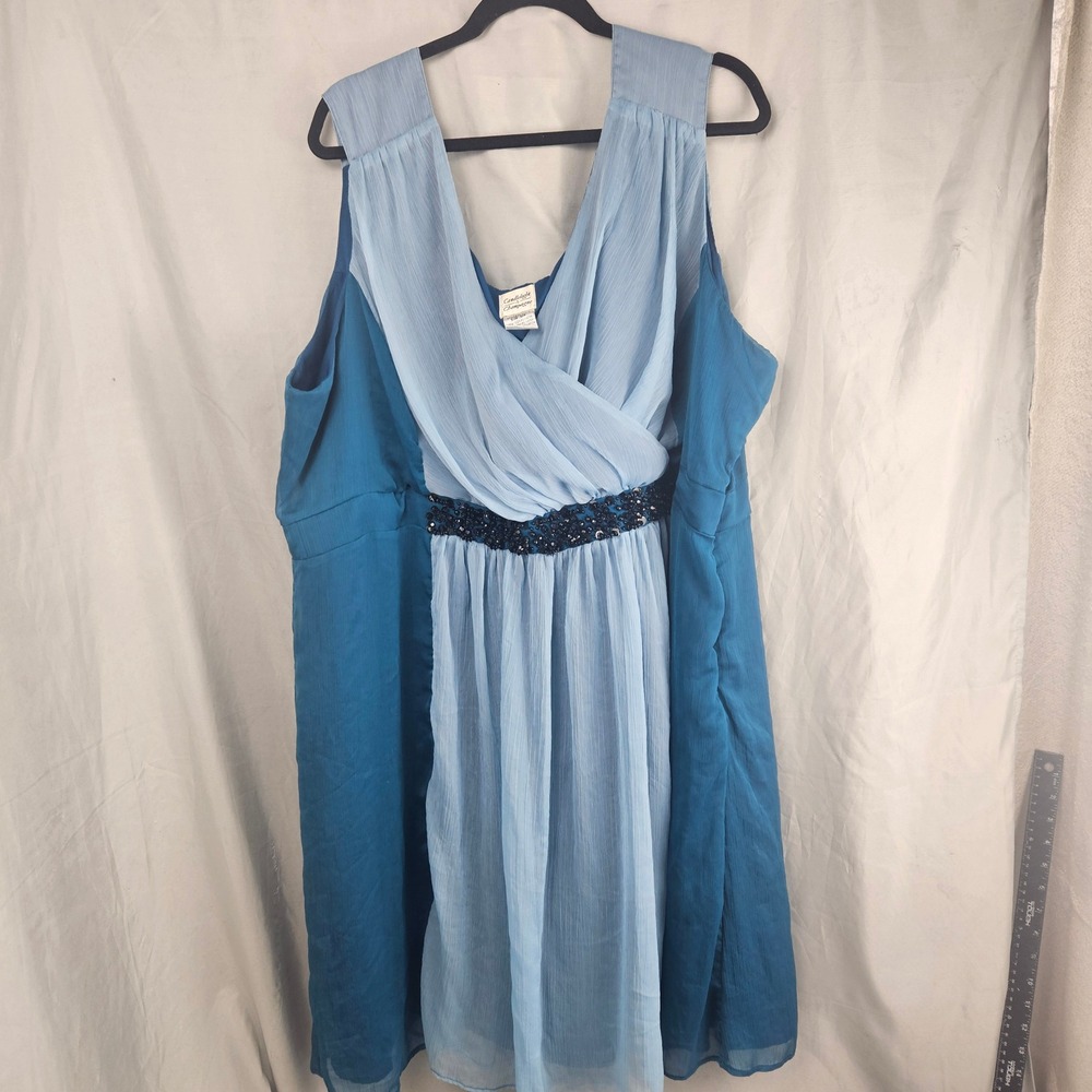 Candlelight & Champagne Blue Bead Empire Waist Dress 32W Plus Size Formal V-Neck